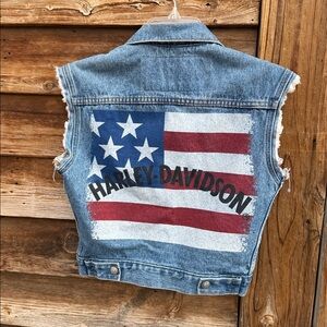 Harley-Davidson Sleeveless Denim Vest with American Flag Back - Blue, Red, White